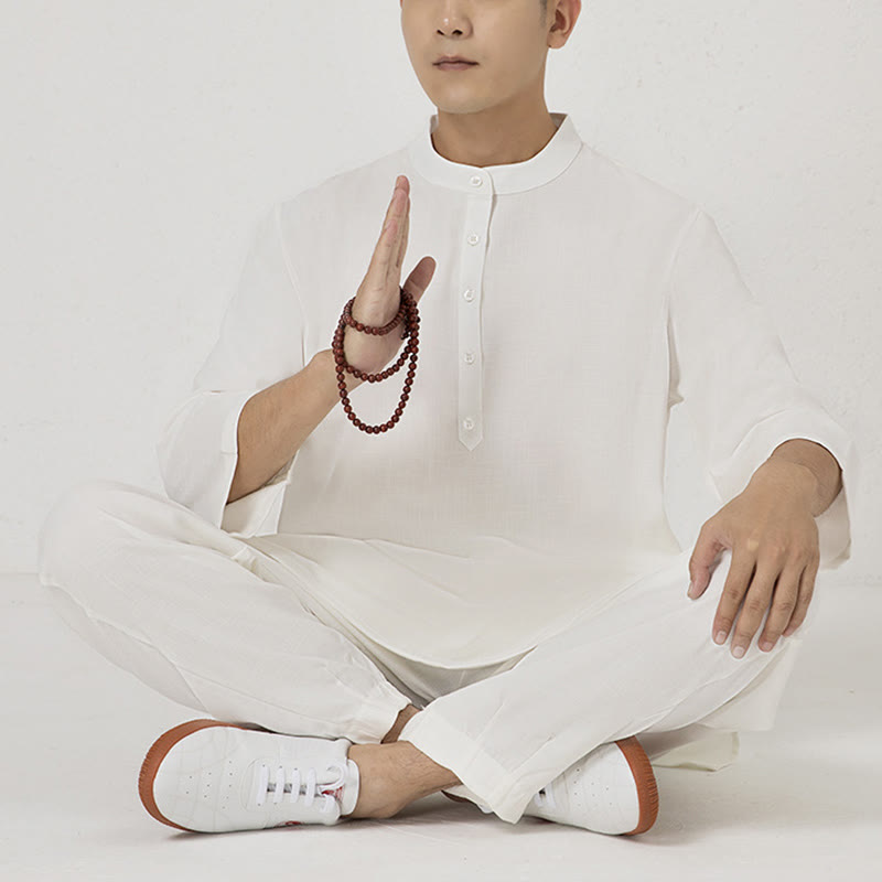 Nimara Ritual 2Pcs Buttons Men's Three Quarter Sleeve Shirt Top Pants Meditation Zen Tai Chi Cotton Linen Clothing Set