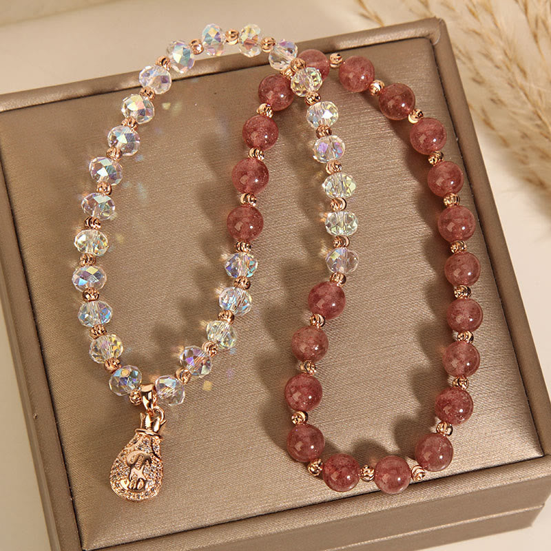 Nimara Ritual Strawberry Quartz White Crystal Money Bag Charm Positive Bracelet