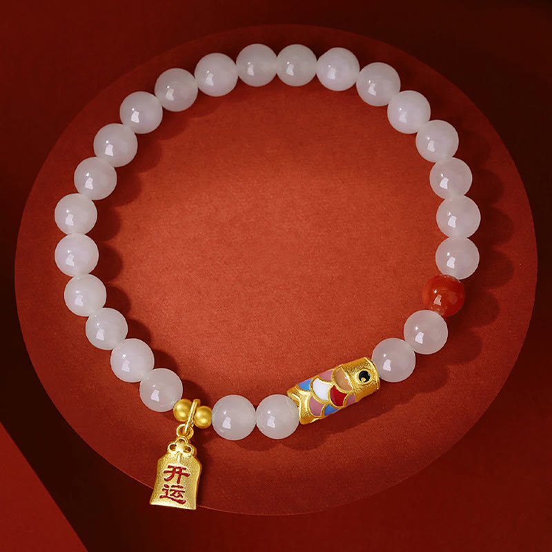 Nimara Ritual 925 Sterling Silver Hetian White Jade Red Agate Koi Fish Luck Happiness Bracelet