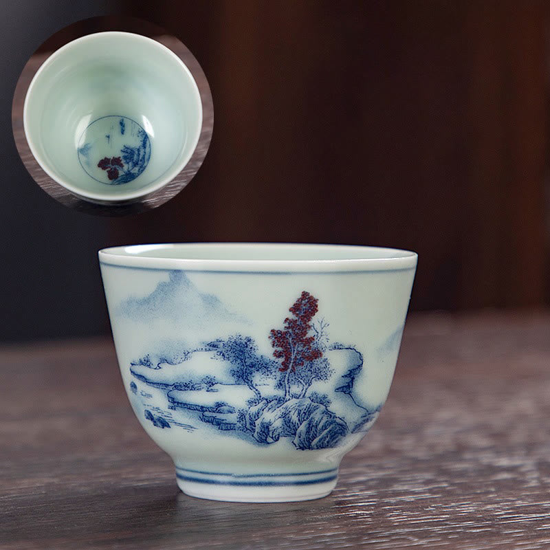 Nimara Ritual Blue Landscape Mountains Lotus Cute Cat Pavilions Magnolia Reed Egrets Ceramic Teacup Small Kung Fu Tea Cup