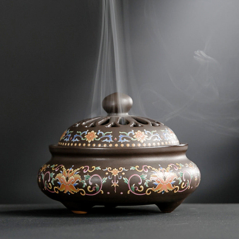 Nimara Ritual Dragon Floral Pattern Backflow Smoke Fountain Ceramic Meditation Incense Burner Decoration