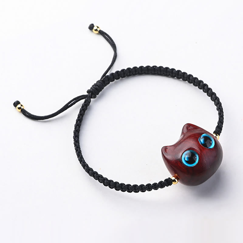Nimara Ritual Small Leaf Red Sandalwood Ebony Wood Cute Cat Head Calm Protection Braided Bracelet