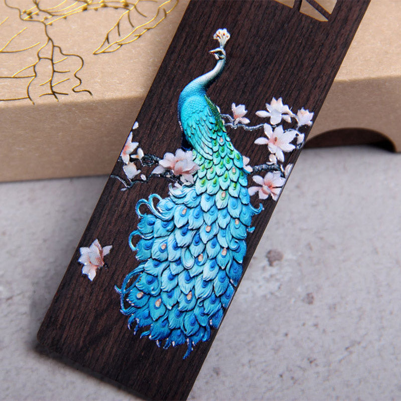 Nimara Ritual Blue Peacock Ebony Wood Bookmarks With Gift Box