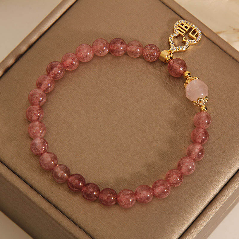 Nimara Ritual Strawberry Quartz Gourd Fu Character Charm Positive Bracelet