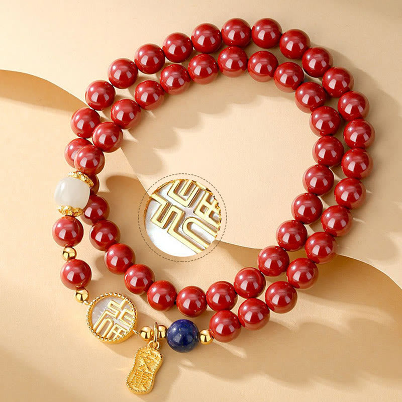 Nimara Ritual 925 Sterling Silver Cinnabar Tridacna Stone Fu Character Double Wrap Blessing Bracelet