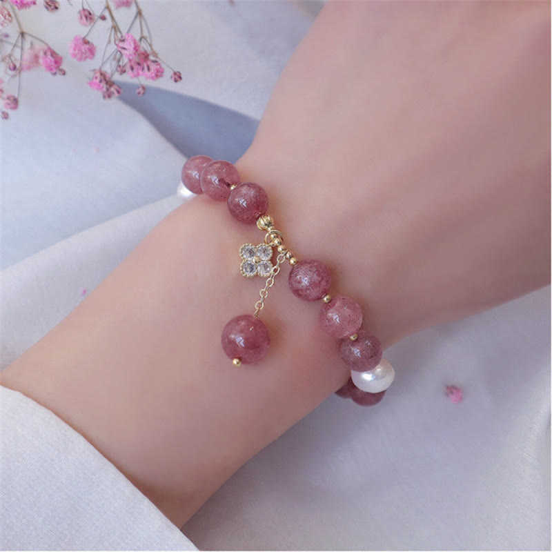 Nimara Ritual Natural Strawberry Quartz Pearl Four Leaf Clover Love Bracelet