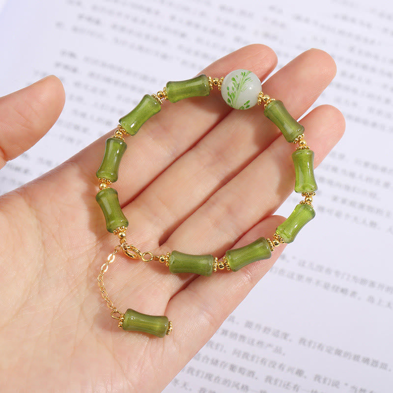 Nimara Ritual Green Bamboo Pattern Liuli Crystal Moss Agate Wealth Chain Bracelet