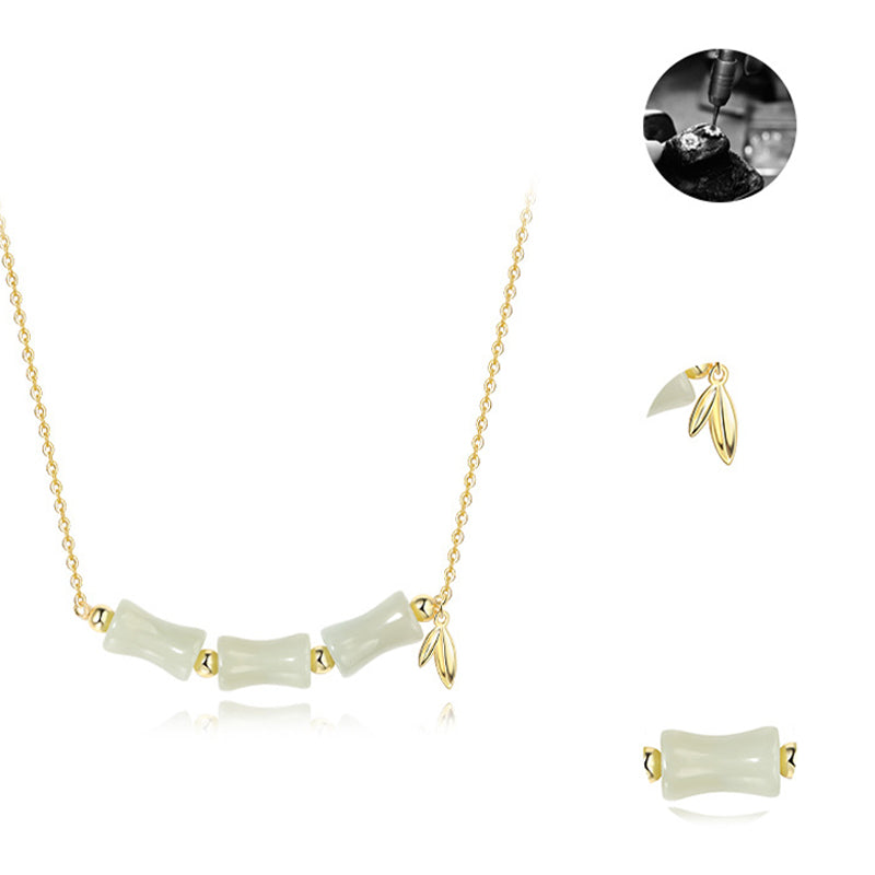 Nimara Ritual 925 Sterling Silver Hetian Jade Bamboo Fu Character Prosperity Necklace Pendant Bracelet