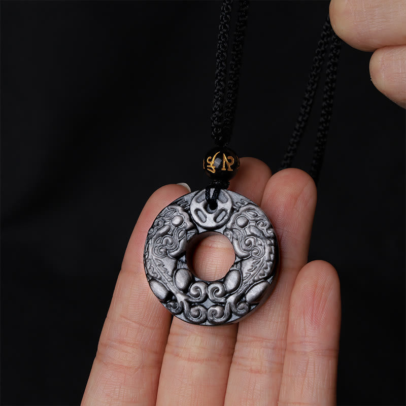 Nimara Ritual Natural Silver Sheen Obsidian Double PiXiu Copper Coin Peace Buckle Protection Necklace Pendant