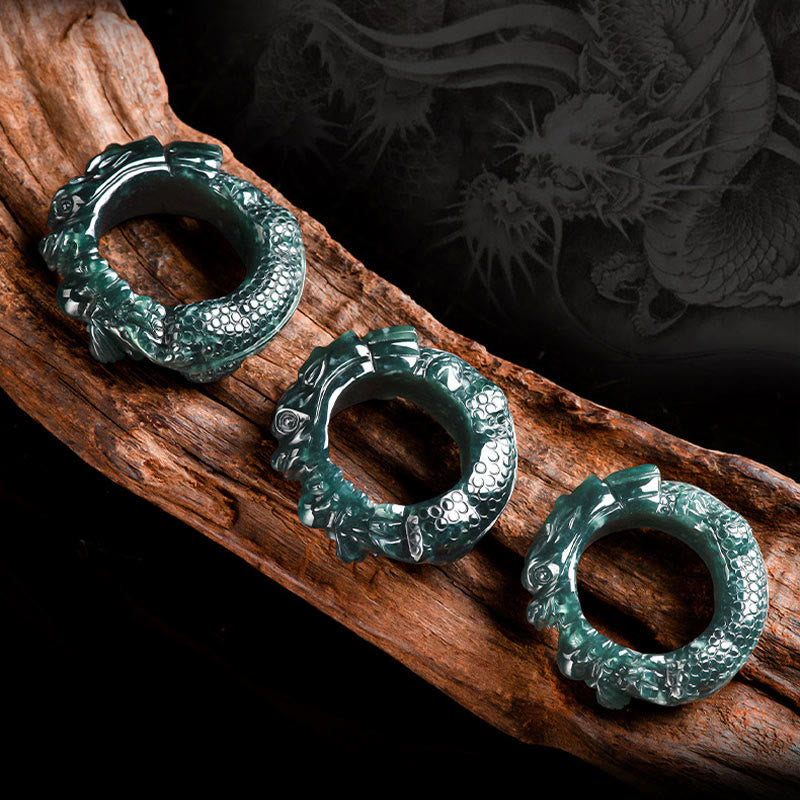 Nimara Ritual Natural Cyan Jade Dragon Carved Success Ring