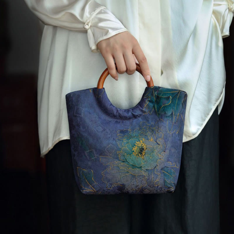 Nimara Ritual Peony Flower Bamboo Leaves Bird Solid Wood Handle Handbag
