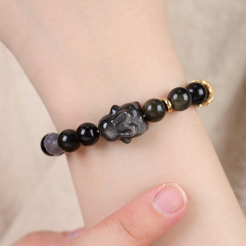 Nimara Ritual Gold Sheen Obsidian Black Obsidian Silver Sheen Obsidian Cute Rabbit Protection Bracelet