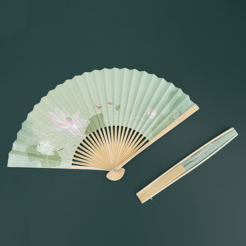 Nimara Ritual Lotus Flowers Leaf Koi Fish Handheld Paper Bamboo Folding Fan