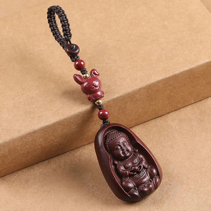 Nimara Ritual Small Leaf Red Sandalwood Buddha Cinnabar Chinese Zodiac Amulet Protection Key Chain