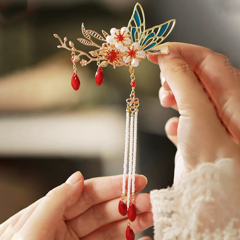 Nimara Ritual Classical Chinese Style Flower Branche Butterfly Pearl Tassel Hair Clip Hair Comb Hair Crown
