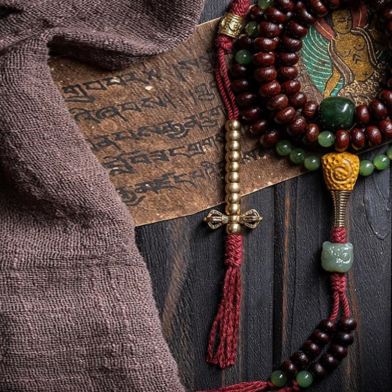 Nimara Ritual Natural Tibet 108 Mala Beads Purple Bodhi Seed Hetian Cyan Jade Copper Dorje Peace Bracelet