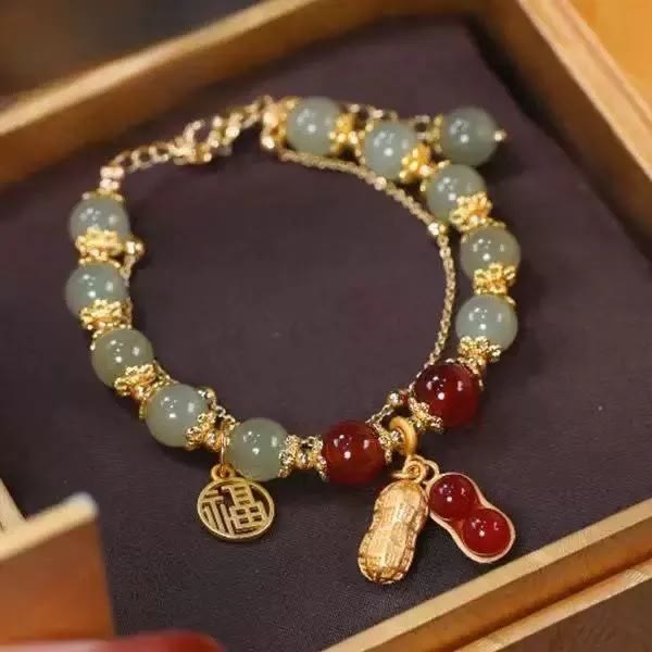 Nimara Ritual Jade Leaf Ginkgo Tulip Peanut Fu Character Luck Beaded Bracelet