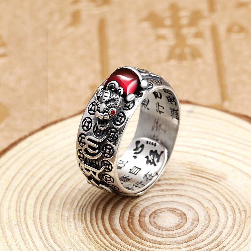 Nimara Ritual Genstone PiXiu Feng Shui Frog Vajra Dorje Heart Sutra Wealth Adjustable Ring