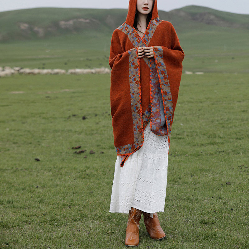 Nimara Ritual Tibetan Shawl Border Small Floral Flower Hooded Cloak Winter Cozy Travel Scarf Wrap