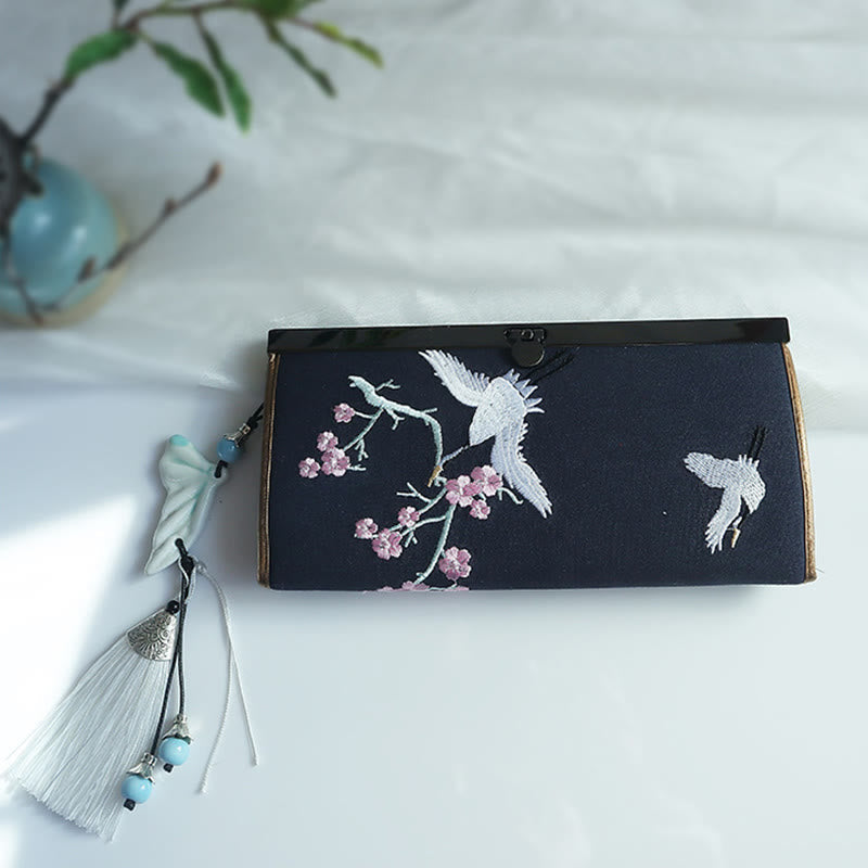 Nimara Ritual Flower Plum Peach Blossom Bamboo Double-sided Embroidery Large Capacity Cash Holder Wallet Shopping Purse