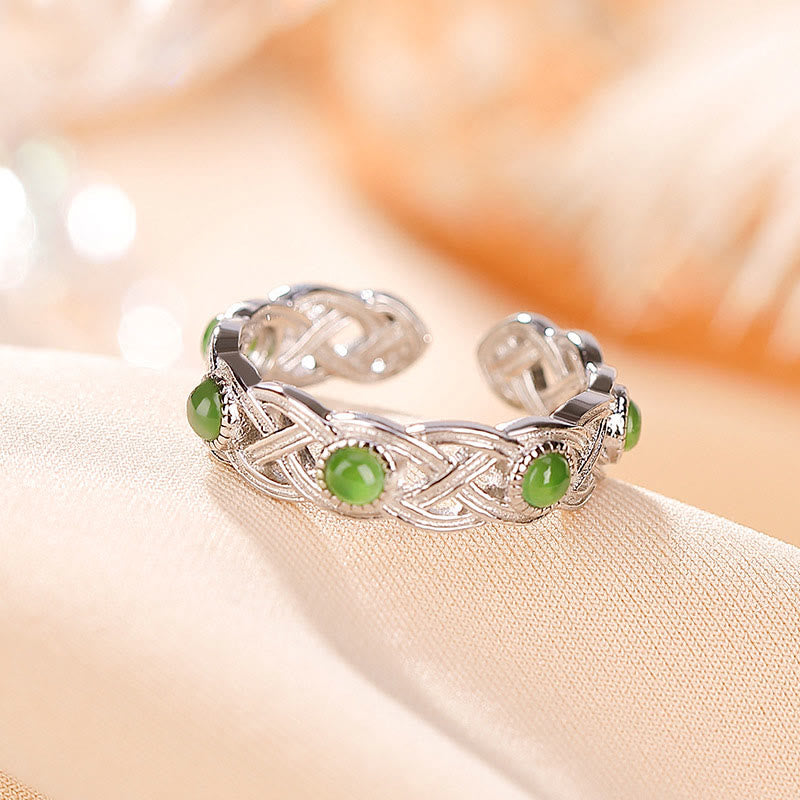 Nimara Ritual 925 Sterling Silver Plated Gold Cyan Jade Braided Design Success Luck Adjustable Ring