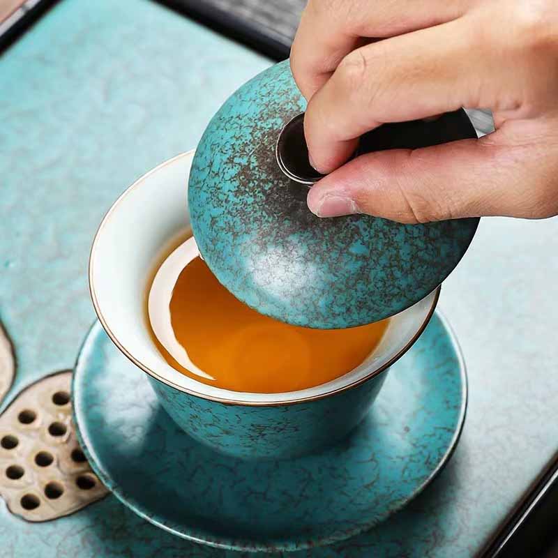 Nimara Ritual Traditional Pine Tree Green Ceramic Gaiwan Sancai Teacup Kung Fu Tea Cup And Saucer With Lid