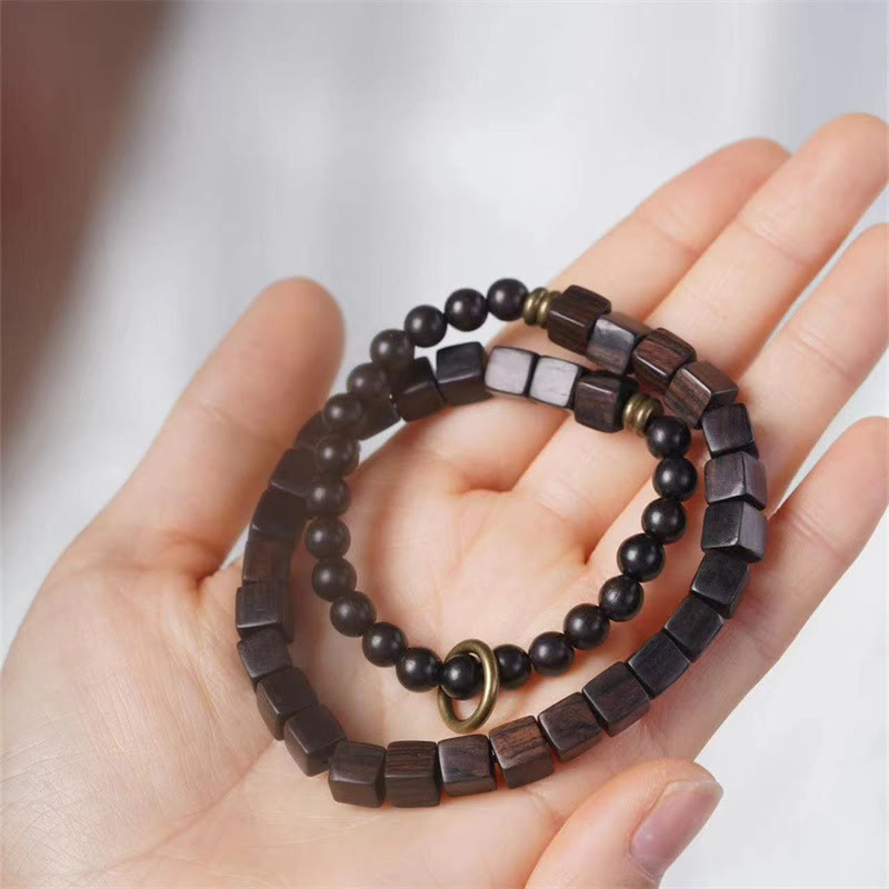 Nimara Ritual Tibet Ebony Wood Square Beads Peace Double Wrap Bracelet