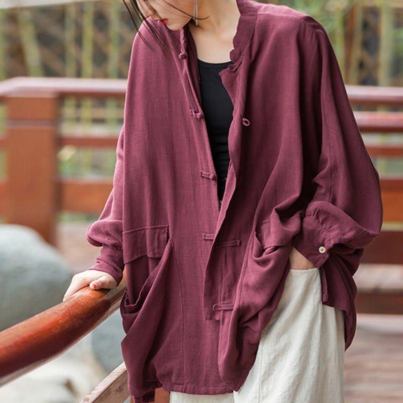 Nimara Ritual Frog-Button Long Sleeve Zen Meditation Open Front Jacket With Pockets