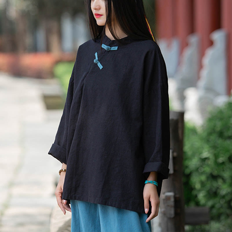 Nimara Ritual Ramie Linen Loose Blouse Women Long Sleeve Shirt Chinese Hanfu Top