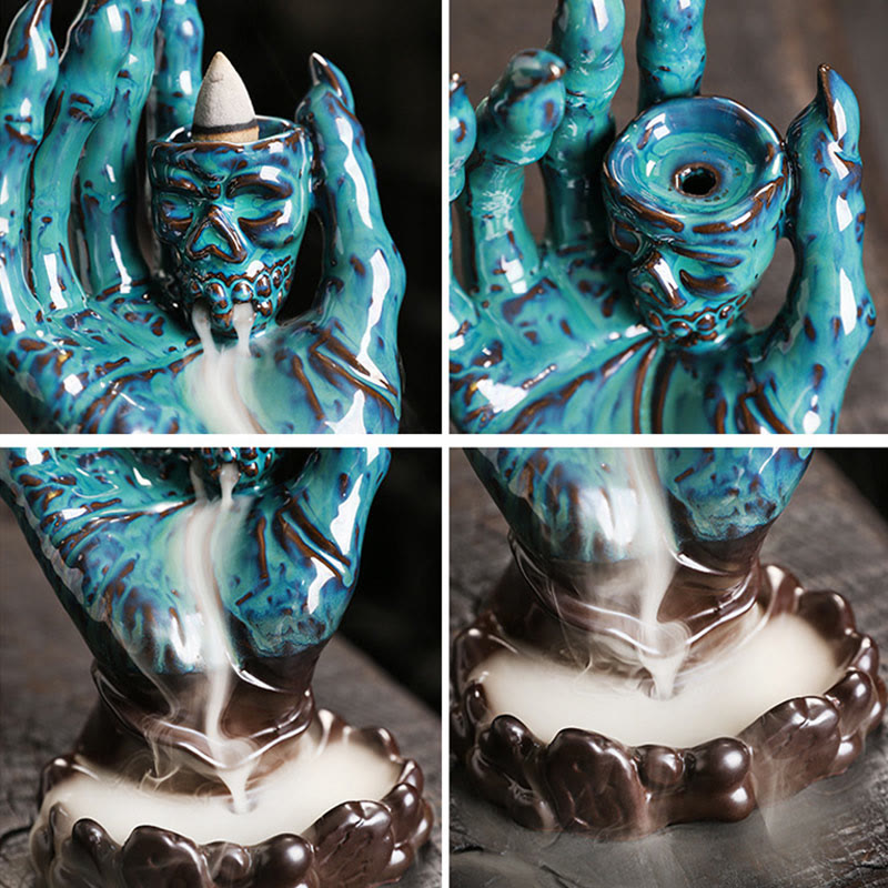 Nimara Ritual Halloween Ghost Hand Skull Head Ceramic Peace Healing Incense Burner Decoration