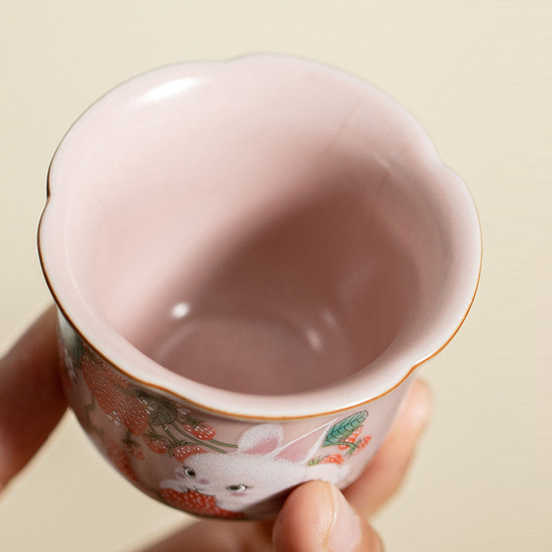 Nimara Ritual Cute Strawberry Rabbit Flower Ceramic Teacup Kung Fu Tea Cup 55ml