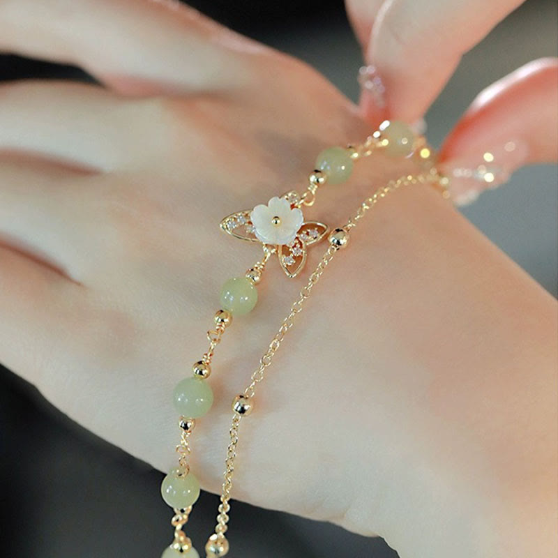 Nimara Ritual 14K Gold Plated Jade Butterfly Tridacna Stone Flower Double Layer Luck Bracelet