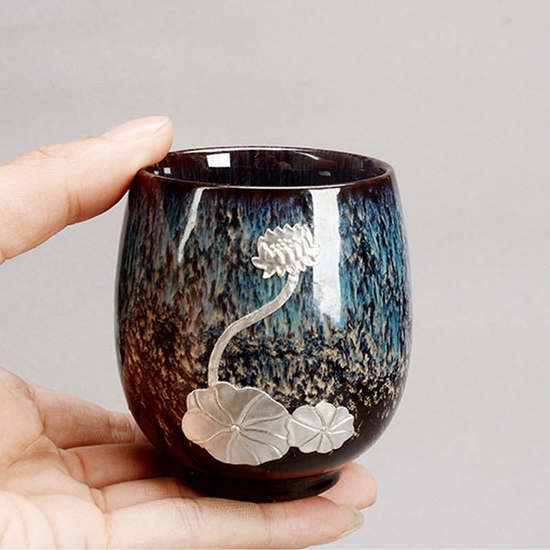 Nimara Ritual Silver Lotus Flower Leaf Chinese Jianzhan Ceramic Teacup Kung Fu Tea Cup 150ml