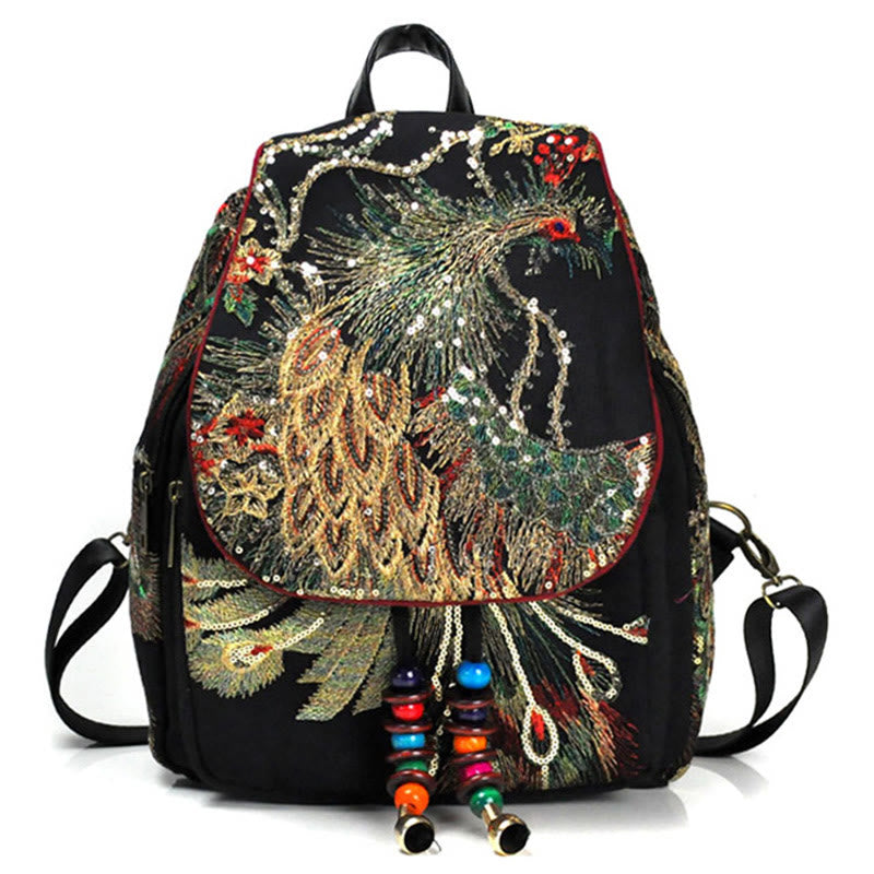 Nimara Ritual Peacock Embroidery Canvas Tassel Backpack