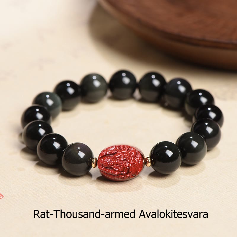 Nimara Ritual Chinese Zodiac Natal Buddha Natural Black Obsidian Cinnabar Purification Bracelet