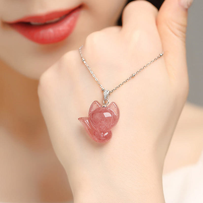 Nimara Ritual 925 Sterling Silver Plated 14k Gold Strawberry Quartz Fox Healing Necklace Pendant