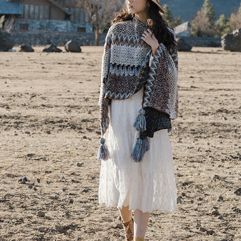 Nimara Ritual Tibetan Shawl Gray Brown Striped Knitted Tassels Winter Cozy Travel Scarf Wrap
