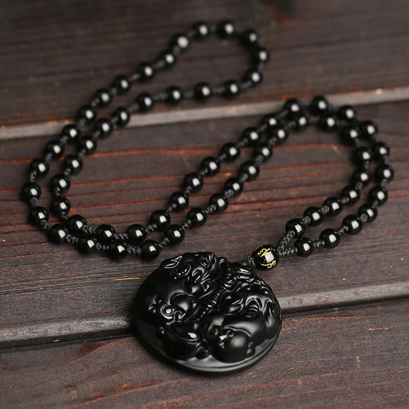 Nimara Ritual Black Obsidian Double Pixiu Bead Rope Purification Necklace Pendant