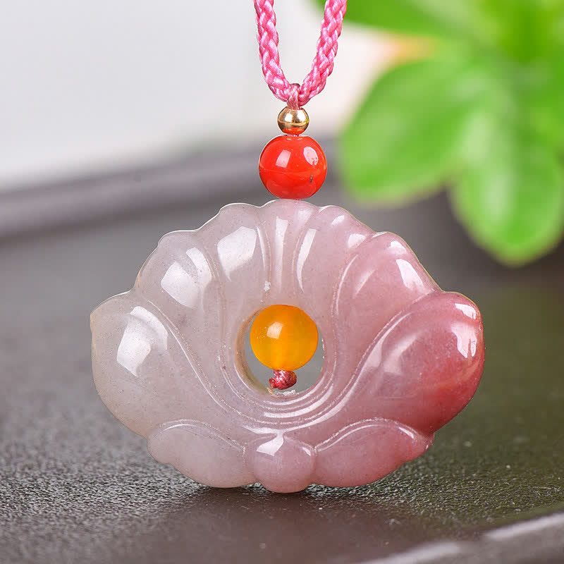 Nimara RitualPink Golden Silk Jade Lotus Flower Wealth Necklace Pendant