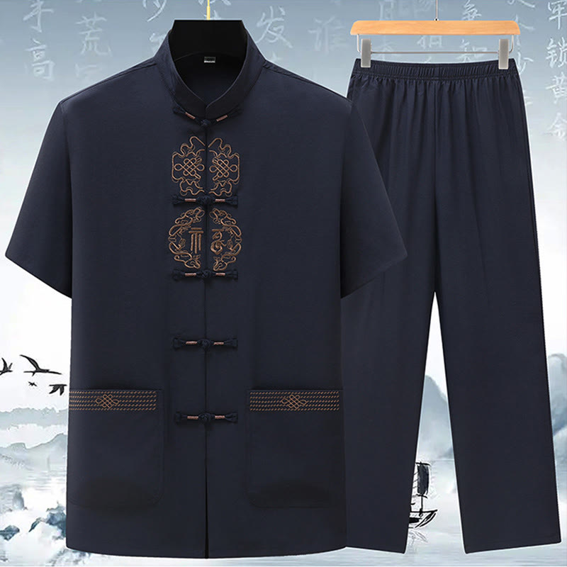 Nimara Ritual Fu Character Chinese Knotting Embroidery Tang Suit Traditional Short Sleeve Top Pants Clothing Men's Set