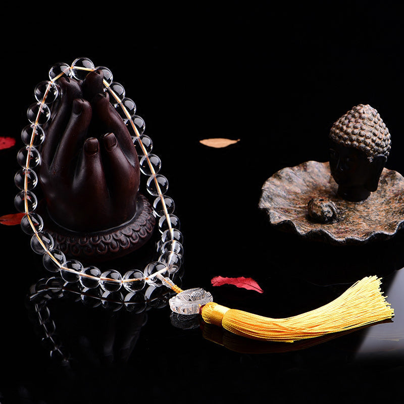 Nimara Ritual Natural White Crystal Lotus Wrist Mala Meditation Tassels Pocket Mala Car Decoration