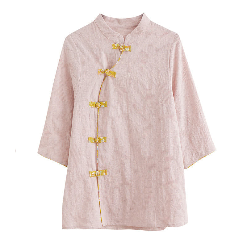 Nimara Ritual Floral Pattern Frog-Button Half Sleeve Cotton Linen Shirt