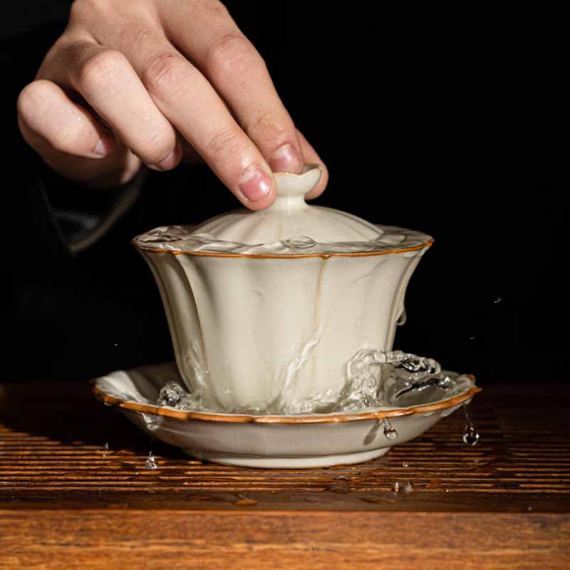Nimara Ritual Beige Plum Blossom Shape Peach Branch Ceramic Gaiwan Sancai Teacup Kung Fu Tea Cup With Lid