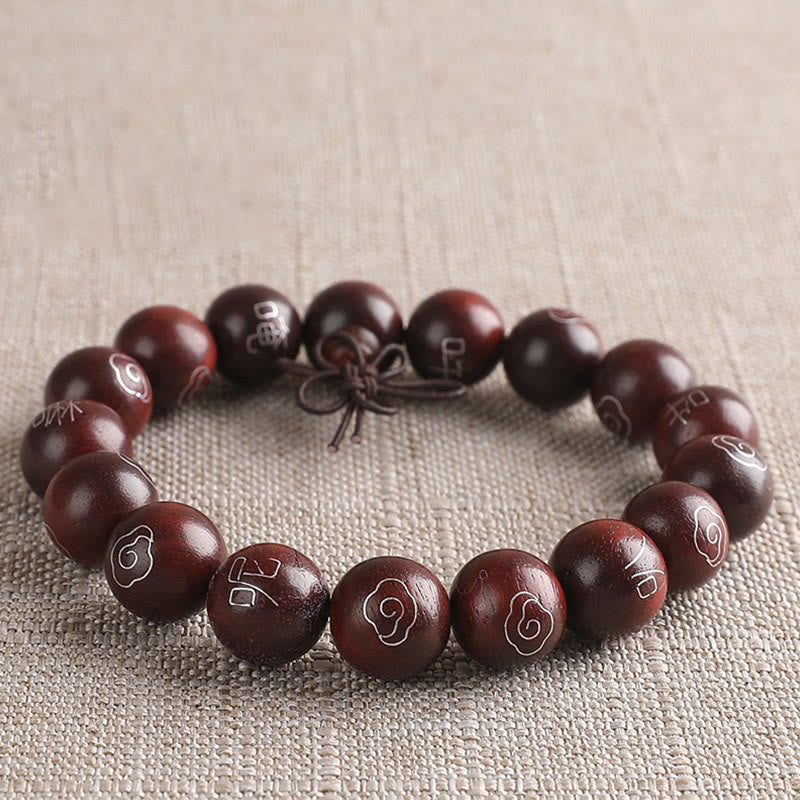 Nimara Ritual 925 Sterling Silver Inlaid Small Leaf Red Sandalwood Om Mani Padme Hum Character Auspicious Clouds Protection Bracelet