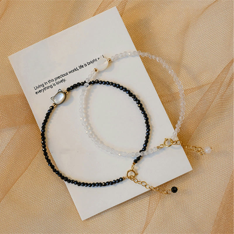 Nimara Ritual 14K Gold Plated Black Spinel White Crystal Cute Cat Tridacna Stone Healing Bracelet