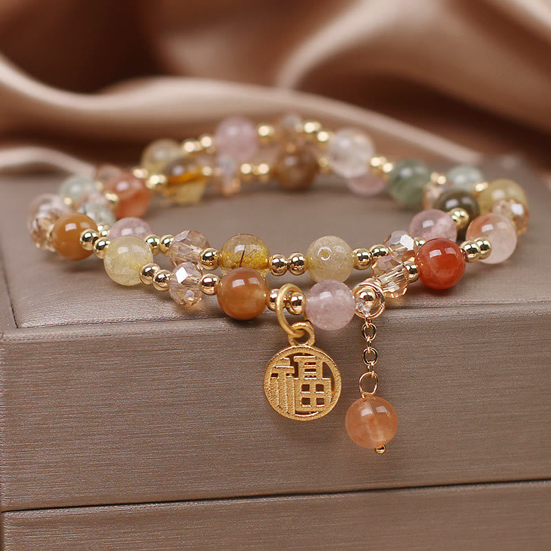 Nimara Ritual Multicolored Rutilated Quartz Fu Character Auspiciousness Bracelet