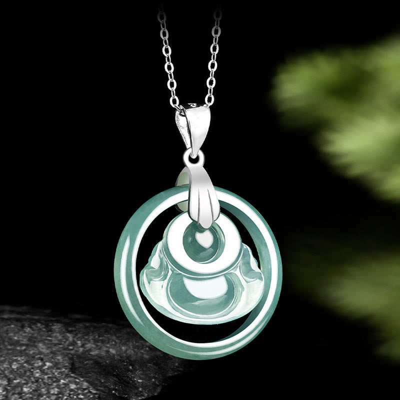 Nimara Ritual Natural Jade Round Laughing Buddha Abundance Titanium Steel Chain Necklace Pendant