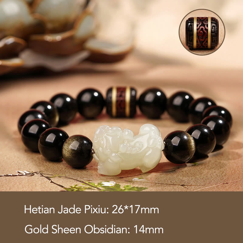 Nimara Ritual Natural Gold Sheen Obsidian Hetian Cyan Jade White Jade PiXiu Wealth Bracelet