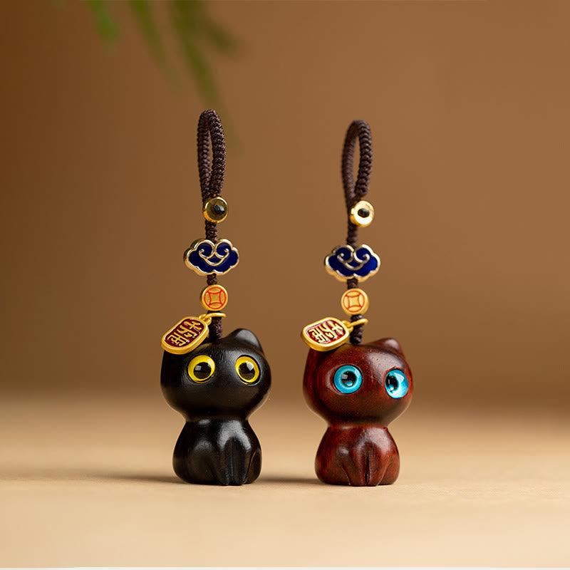 Nimara Ritual Small Leaf Red Sandalwood Ebony Wood Lucky Cat Protection Key Chain Phone Hanging Decoration