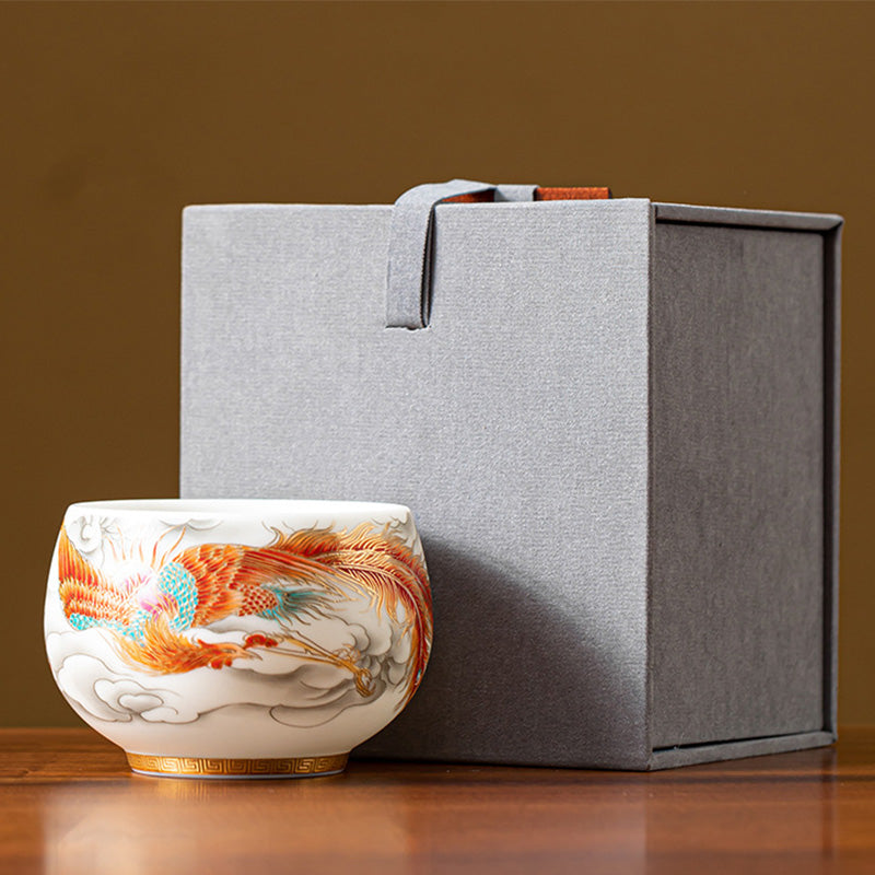 Nimara Ritual Dragon Phoenix Auspicious Clouds Ceramic Teacup Kung Fu Tea Cup With Gift Box